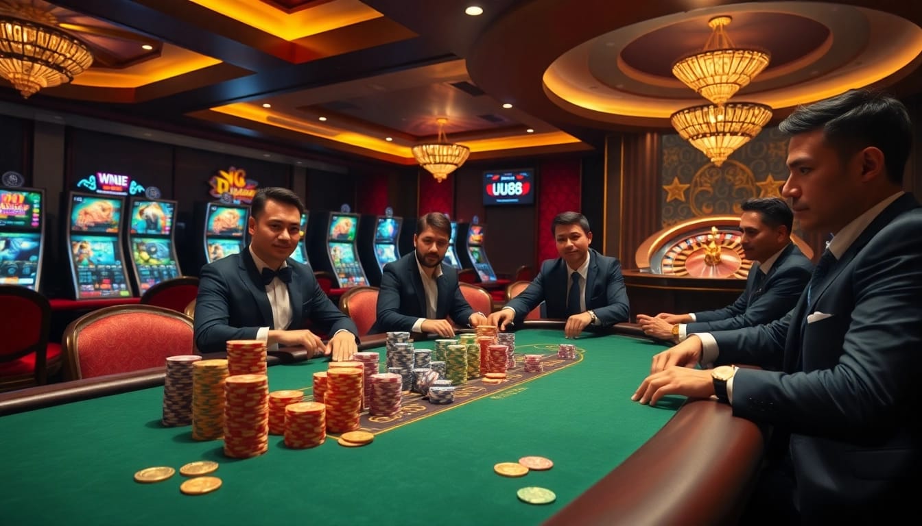 Players enjoy high-stakes poker at UU88's luxurious casino, showcasing vibrant poker chips and roulette wheels.