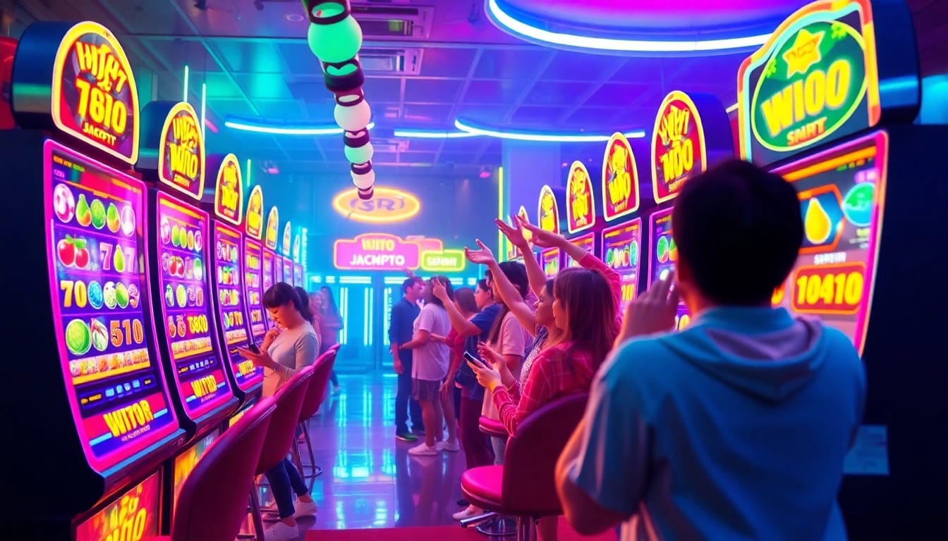 Nổ Hũ slot game environment with vibrant colors and excited players celebrating wins