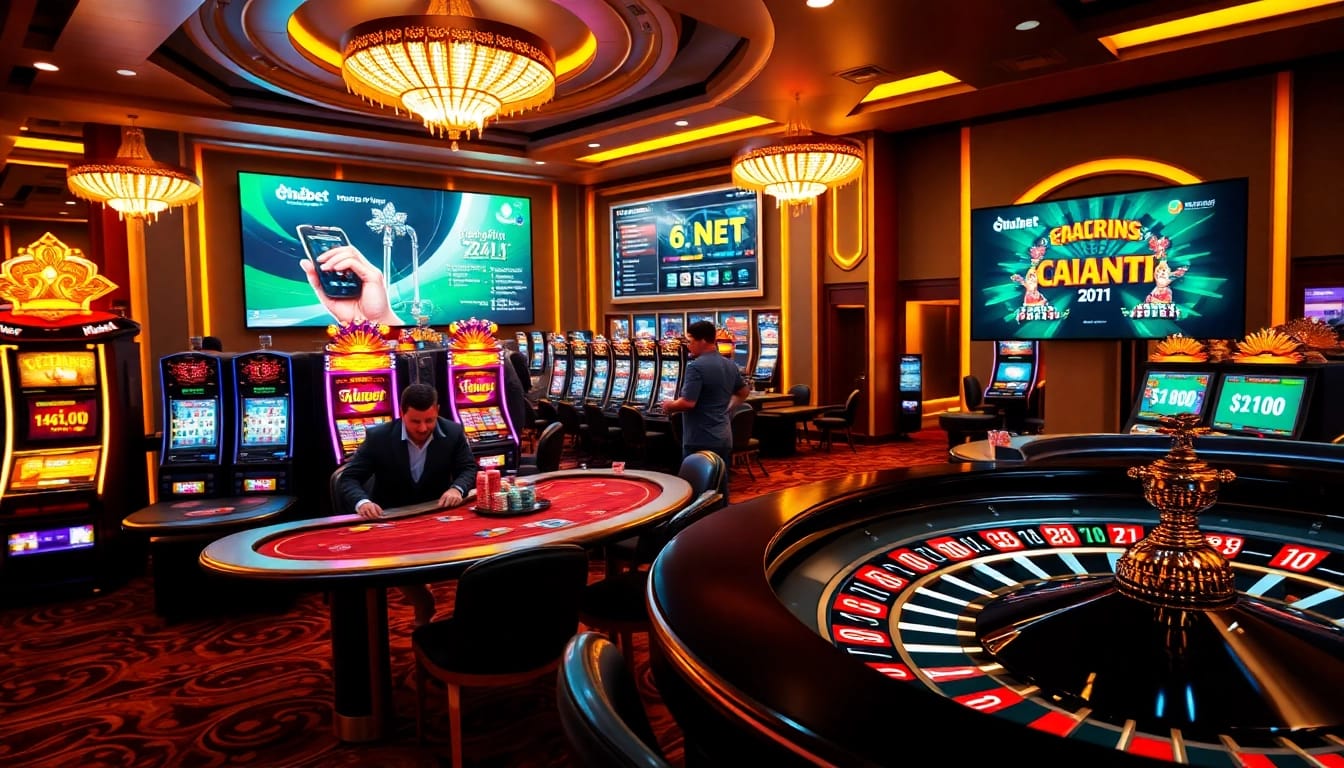 Experience the thrill of online gambling with Trang chủ thabet, featuring vibrant casino elements like poker tables and roulette wheels.