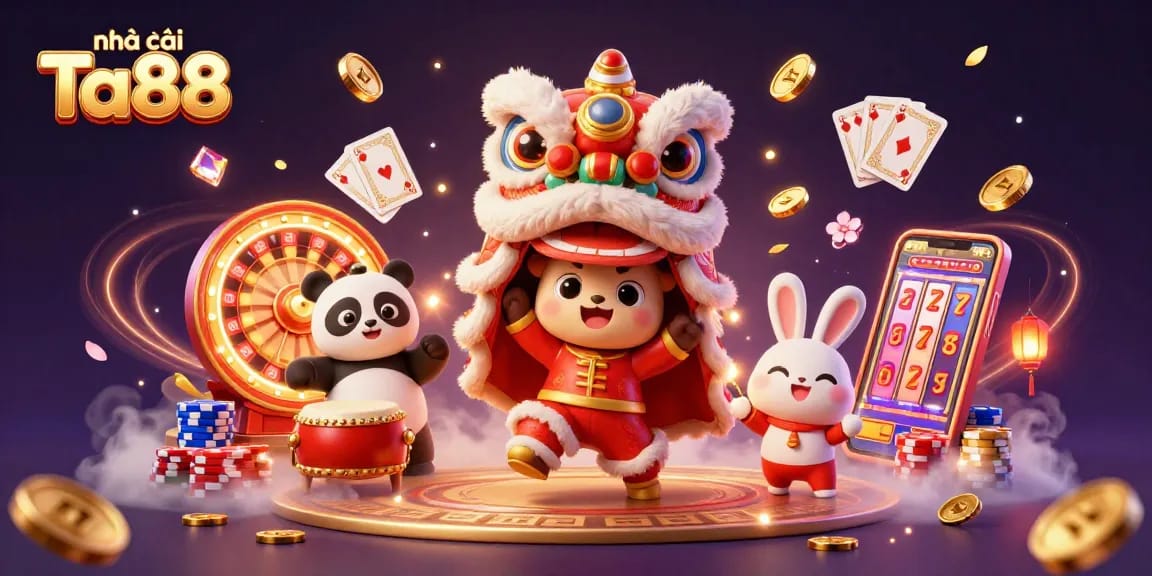 Experience the vibrant casino world with nhà cái Ta88, featuring a lion dance and playful characters amidst sparkling elements.