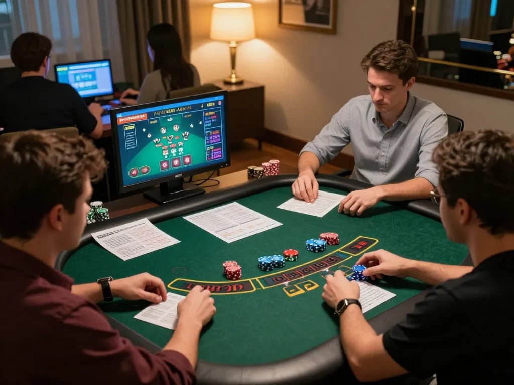 Kuwin VIP players enjoying a live dealer blackjack game from home, showcasing strategic interaction and engagement.