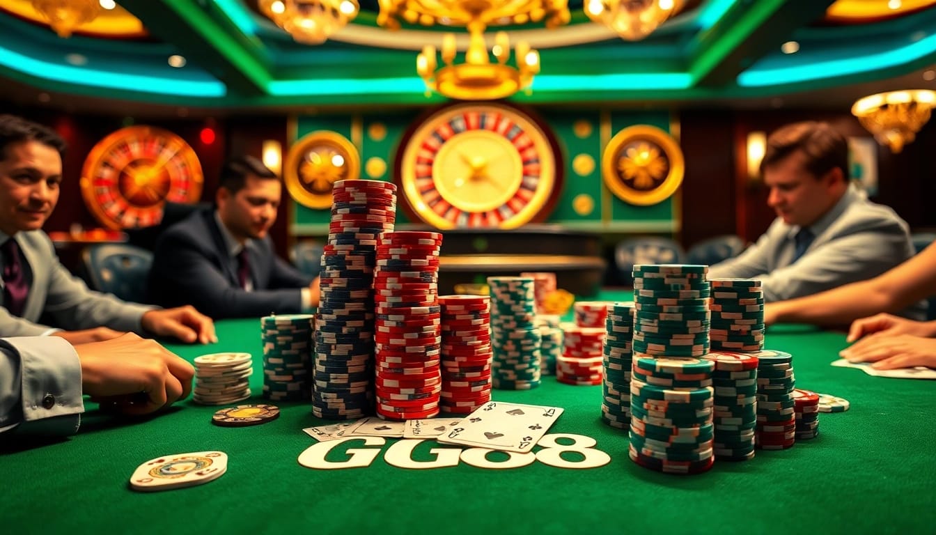 A thrilling GG88 gaming table scene showcasing poker players and vibrant chips in a luxurious casino.