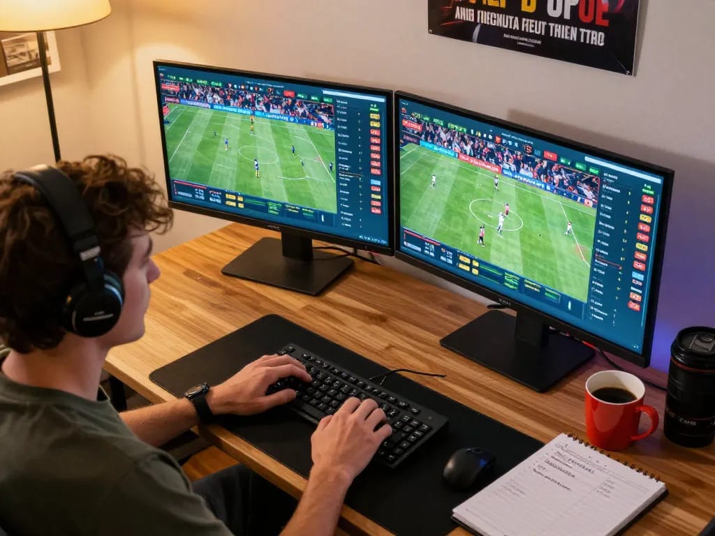 Engaged user exploring sports betting at https://mm88.vin/ with multiple monitors and a strategic notebook.