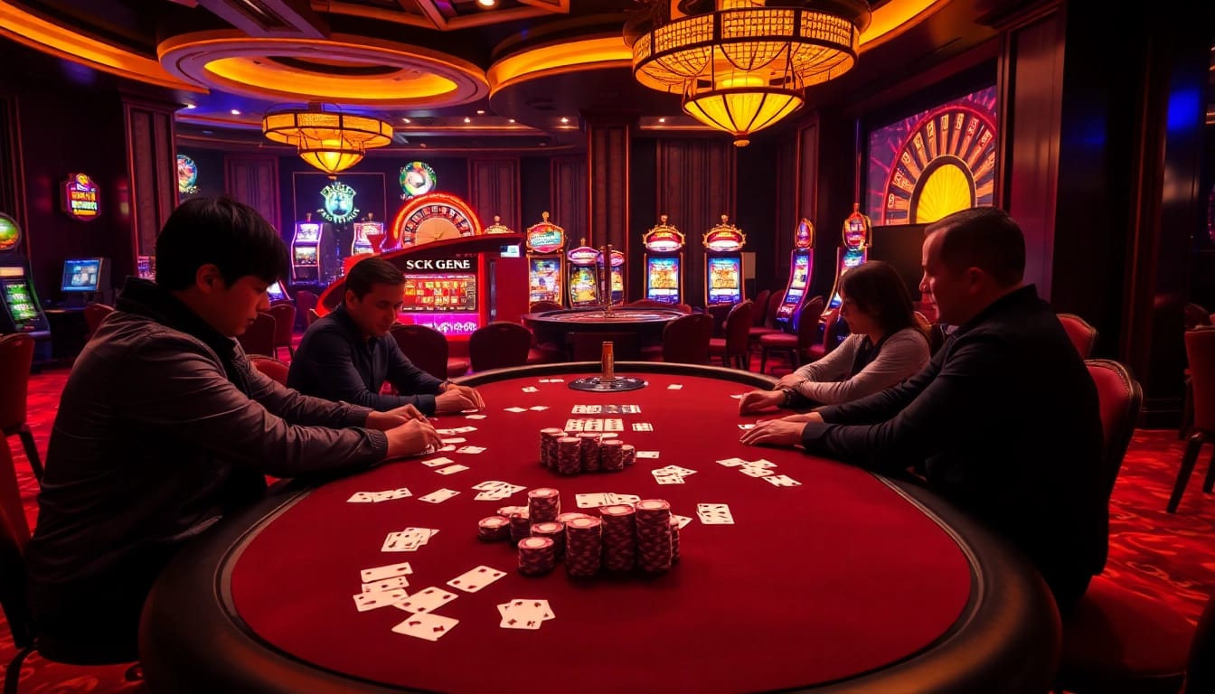 SC88 poker game scene with vibrant chips and intense players in a luxurious casino setting.