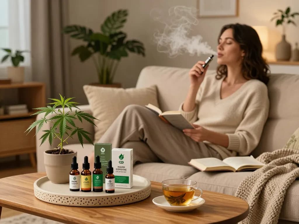 Vaporizzatori thc mostrati in un accogliente soggiorno con oli CBD, promuovendo il benessere naturale.