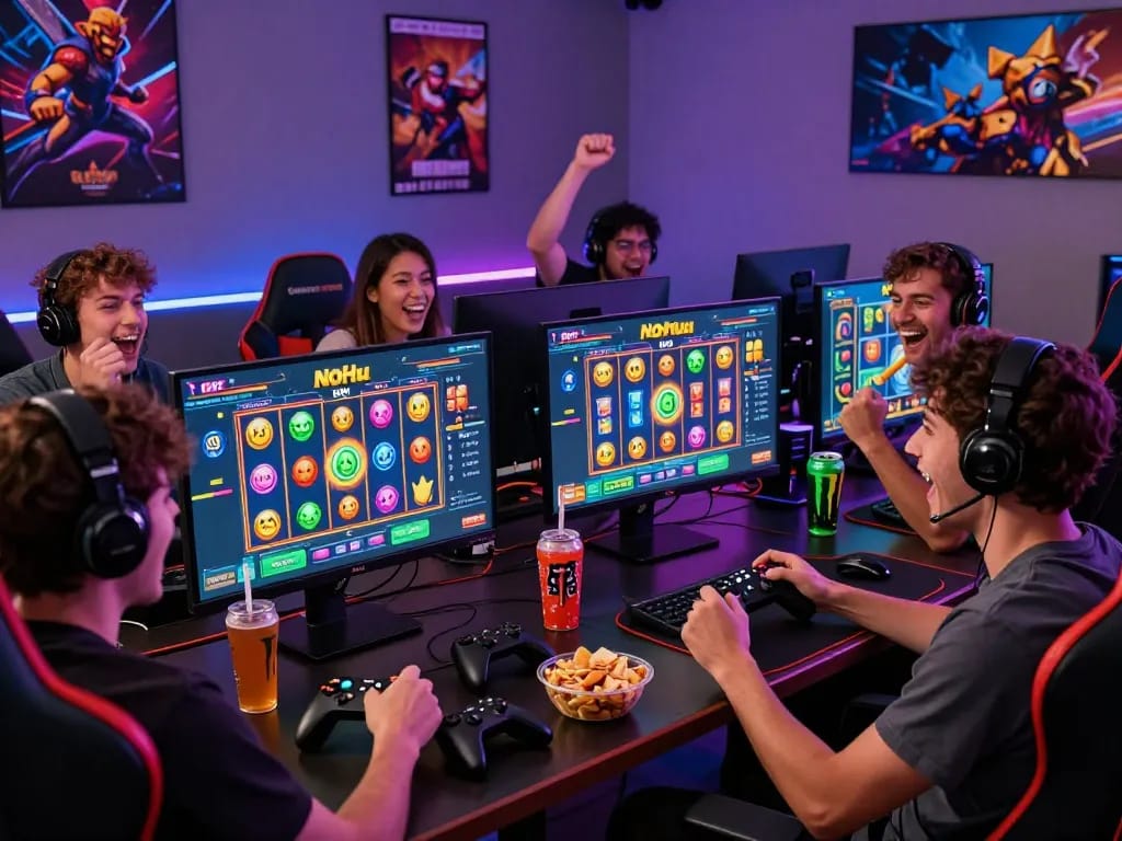 NoHu gaming scene with friends enjoying a slot game, vibrant visuals and gaming accessories.