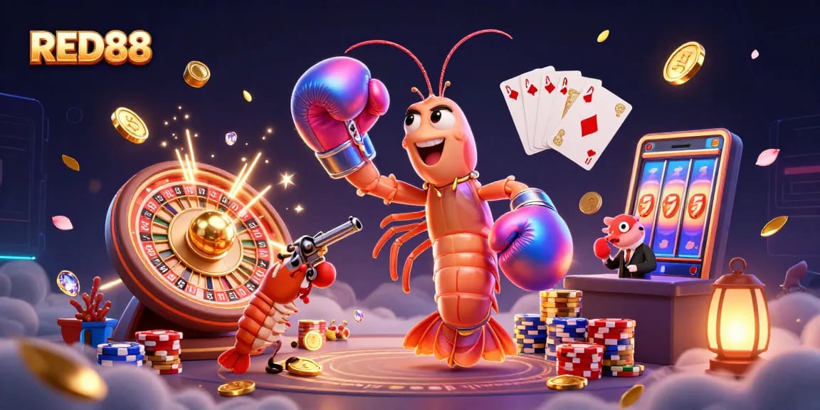 Engaging RED88 gaming scene with dynamic characters and vibrant casino elements, showcasing an exciting gambling atmosphere.