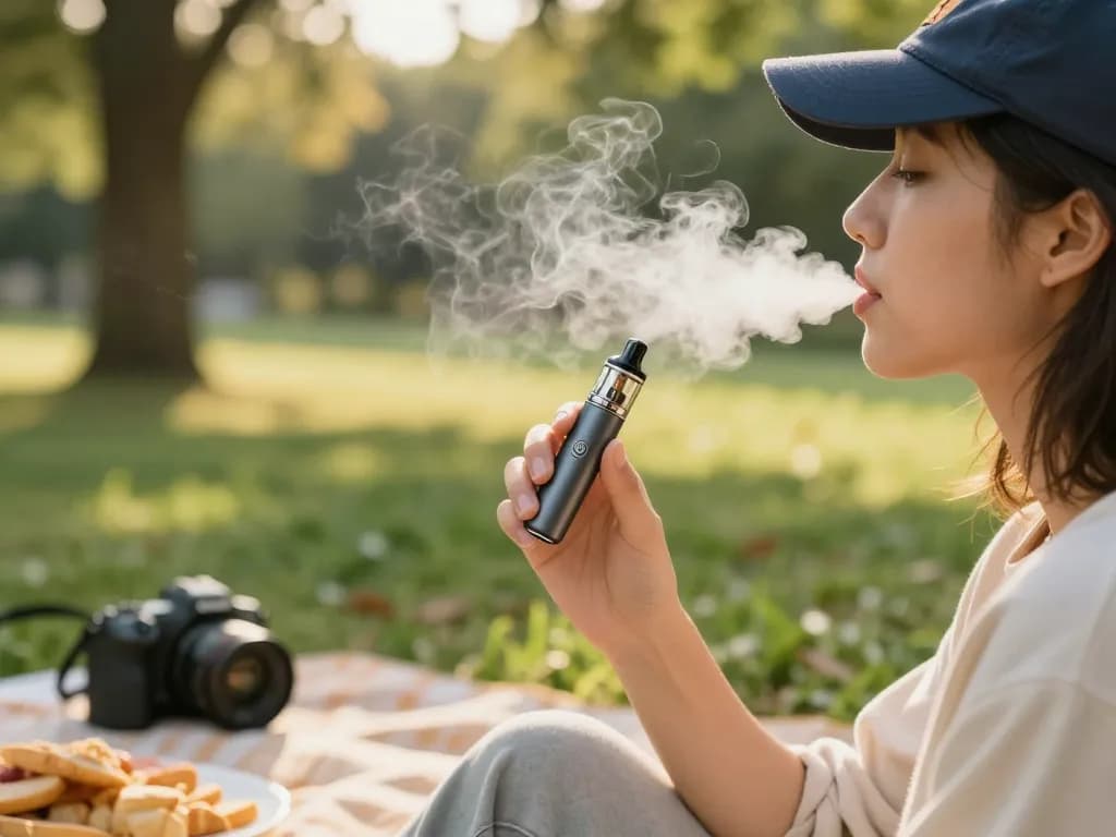 Persona che utilizza un thc vape pen italia in un ambiente sereno nel parco circondato dalla natura.