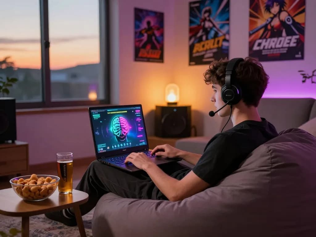 Mental engagement in mind control porn gaming experience from home, featuring a gamer in a cozy atmosphere.