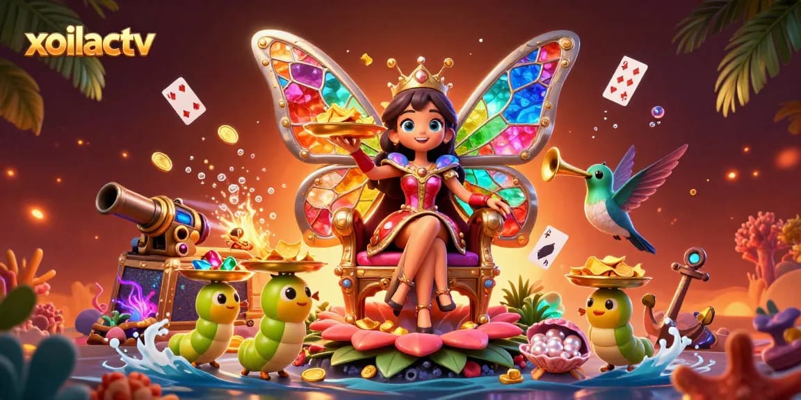 Immerse in the exciting world of xoilactv with vibrant casino elements and a colorful butterfly queen.