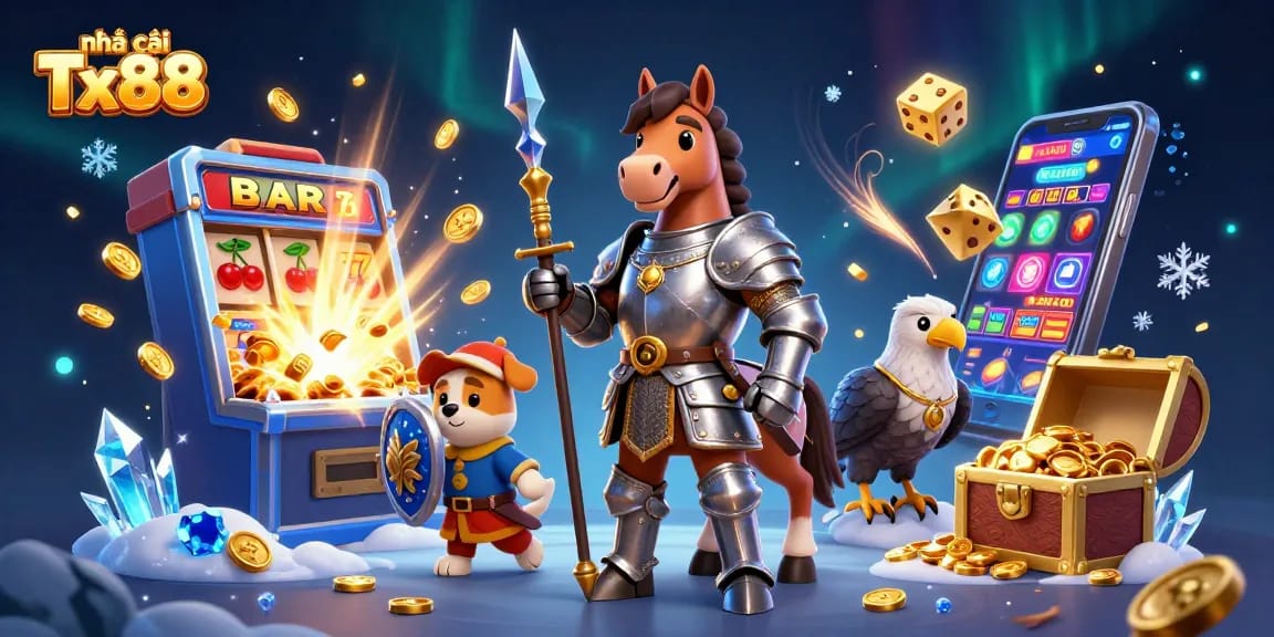 Experience the thrill of gaming with nhà cái Tx88 as knights and treasures collide in a rich casino scene.