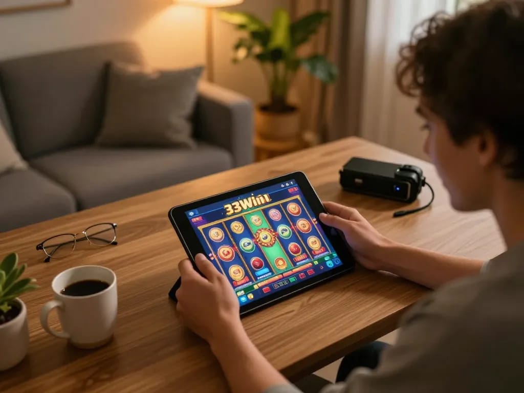 Player enjoying engaging 33win slot games on a tablet in a cozy home environment