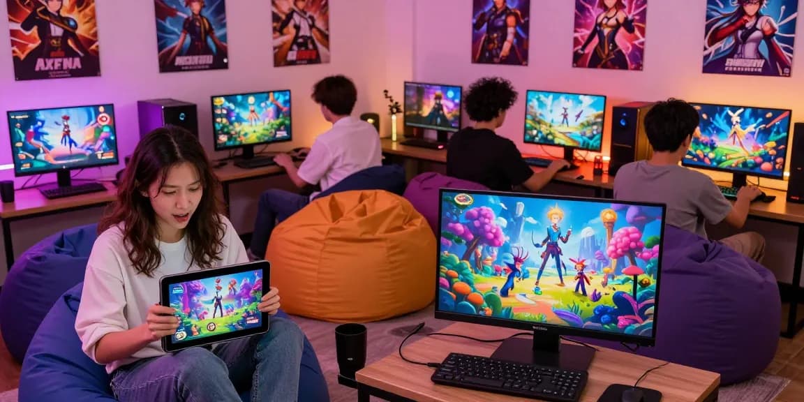 Engaging scene of players enjoying a hentai game in a cozy lounge with colorful gaming devices.