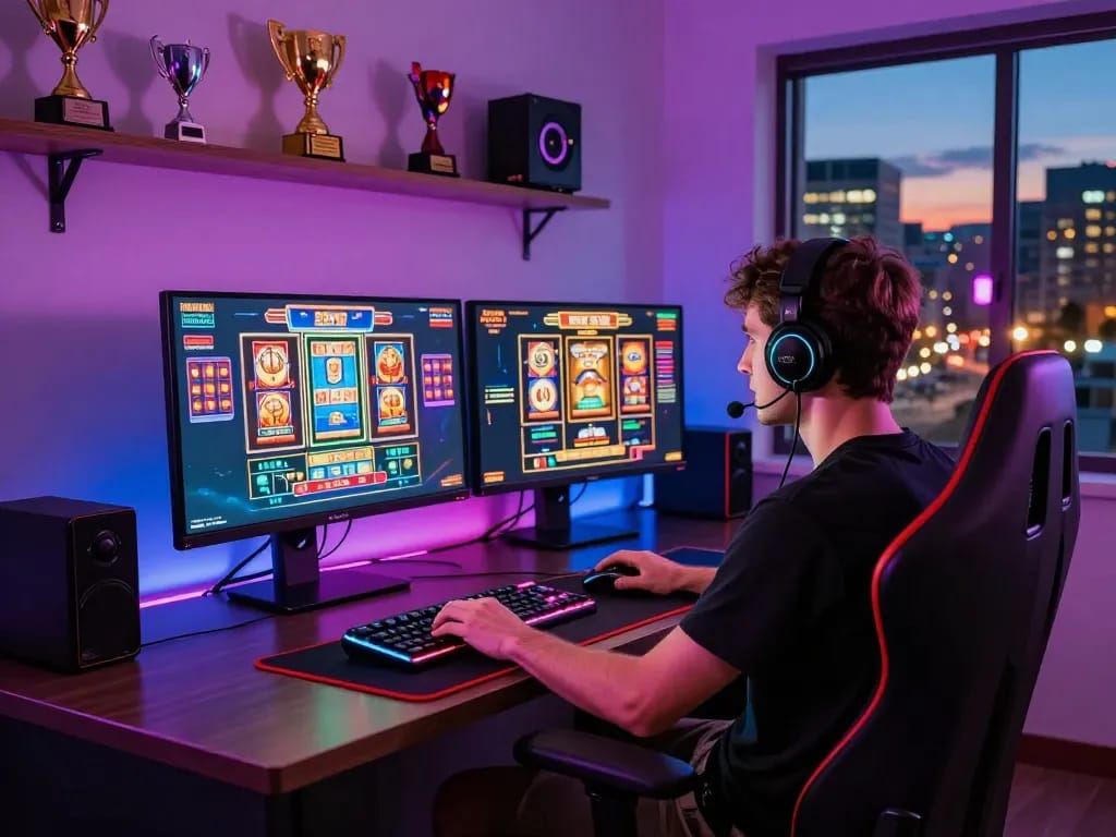 Engaging online gaming setup at https://go999.de.com featuring colorful casino games and modern gaming equipment.