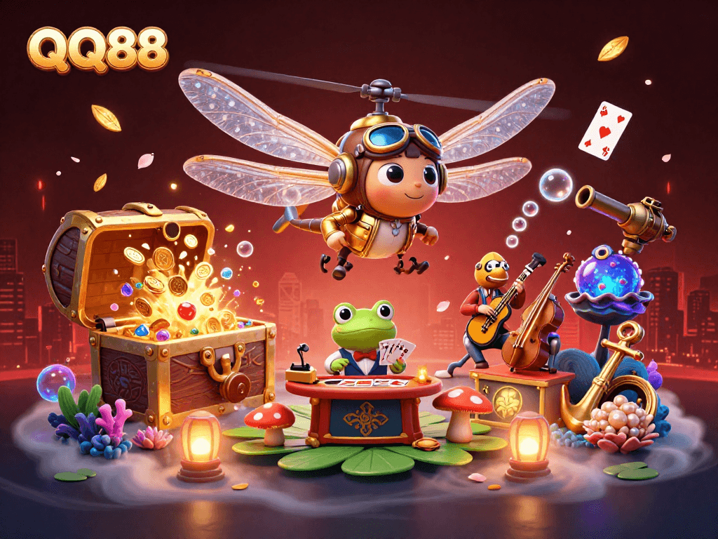 Experience thrilling gameplay at QQ88 with a vibrant 3D casino scene showcasing unique characters and rich elements.