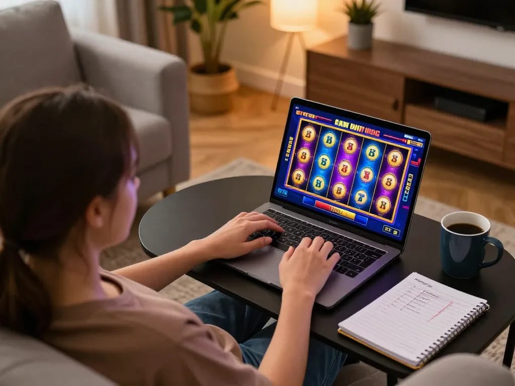 F88BET player spinning reels on colorful slot game at cozy home setup