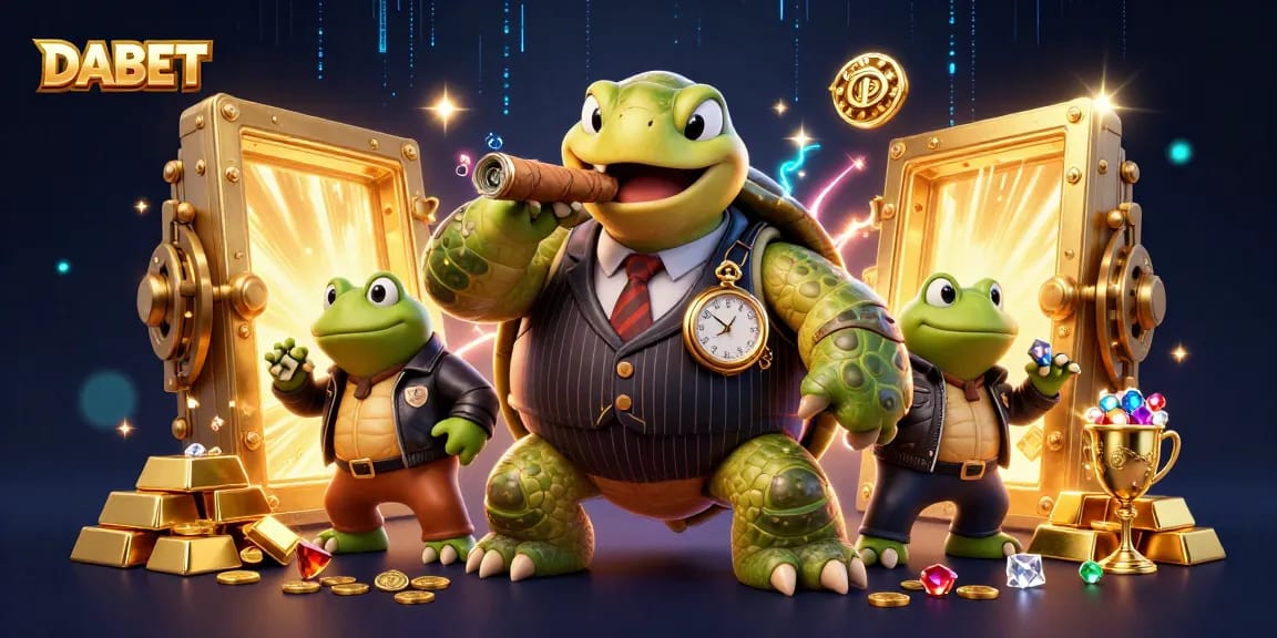 DABET offers immersive gaming experiences with a snapping turtle mobster and bullfrog enforcers in a vibrant casino scene.