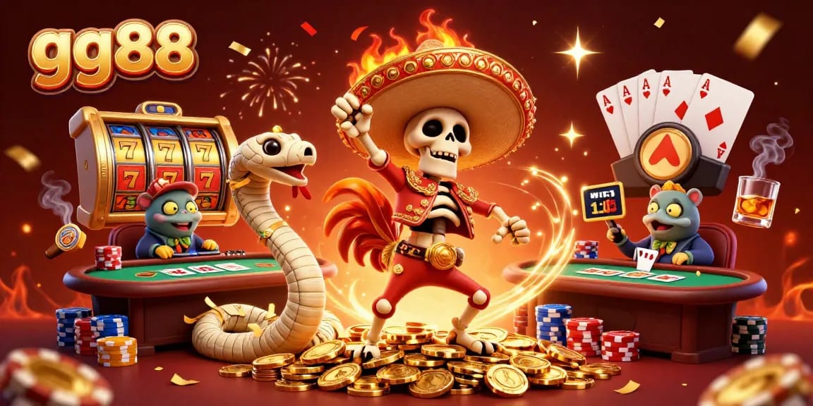 Experience the vibrant fun of gg88 with a celebratory 3D scene featuring a mariachi rooster and exciting slot elements.