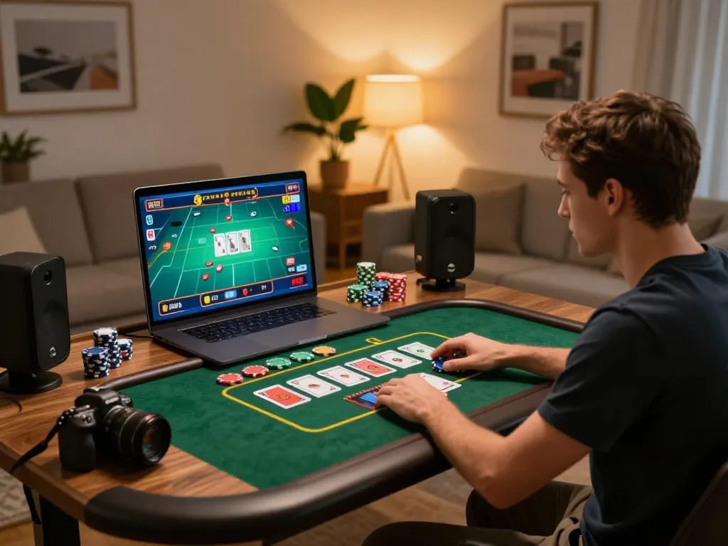 SX88 player engaging in live dealer game from home, showing immersive online gambling experience.