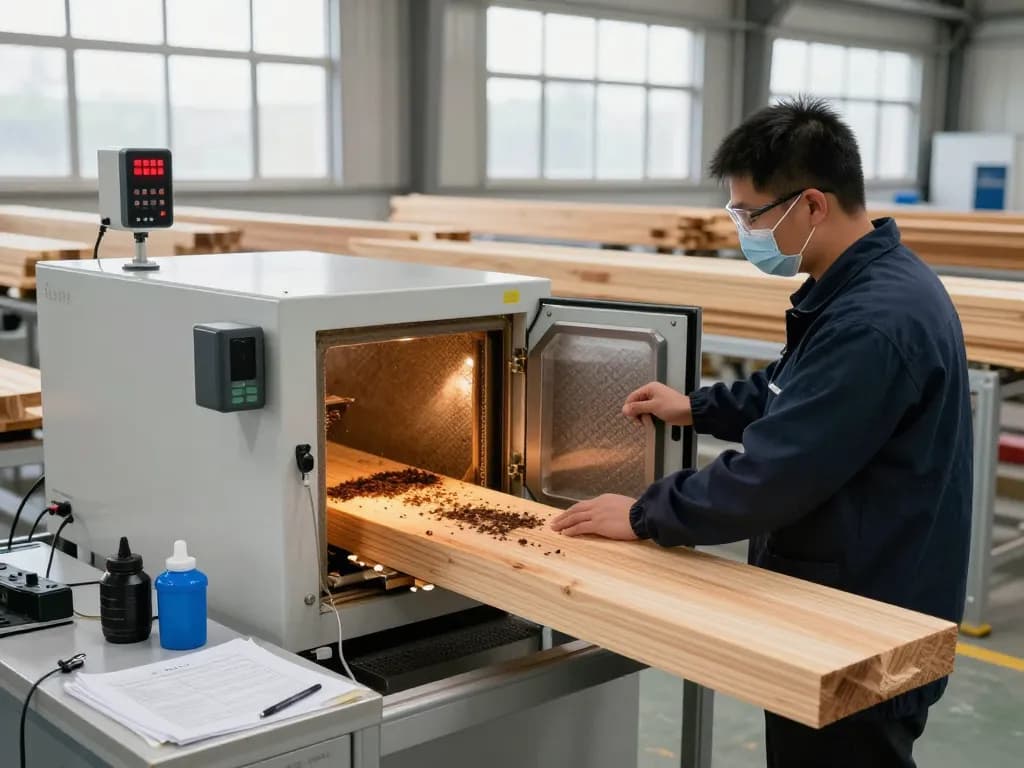 Processo di trattamento microonde antitarlo efficiente in un impianto di trattamento del legno che evidenzia un tecnico che utilizza tecnologia avanzata.