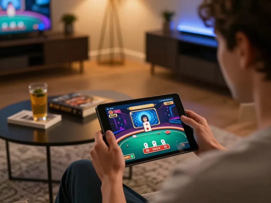 Engaging in online casino gameplay for a sure win at home, featuring a vibrant setup with poker on a tablet.