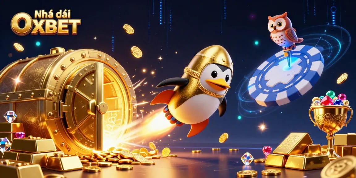 Experience excitement at Nhà cái OXBET with the golden penguin soaring through a vibrant casino universe.