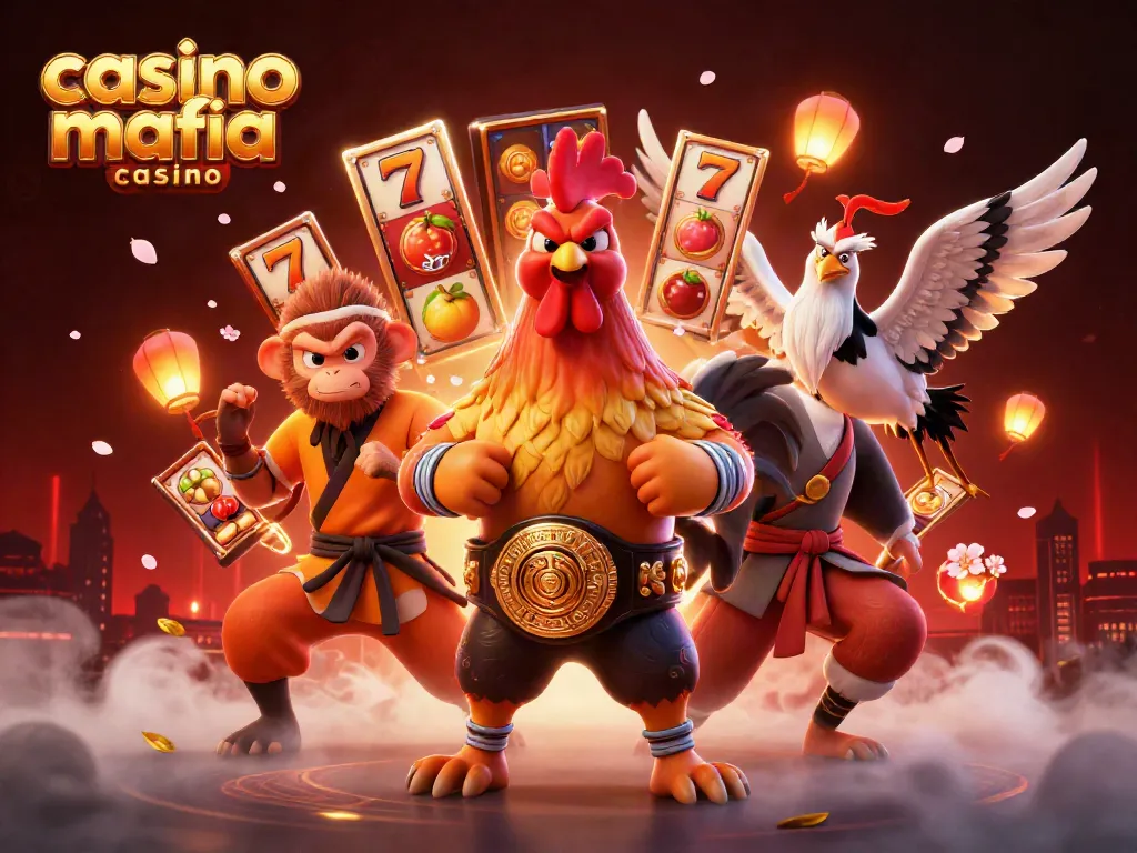 Experience the thrill of casino mafia casino with this vibrant 3D illustration of dynamic characters and gambling elements.