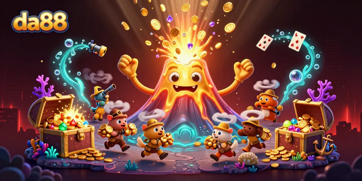 Experience thrilling wins at da88 with vibrant 3D casino elements and a golden volcano erupting treasures.