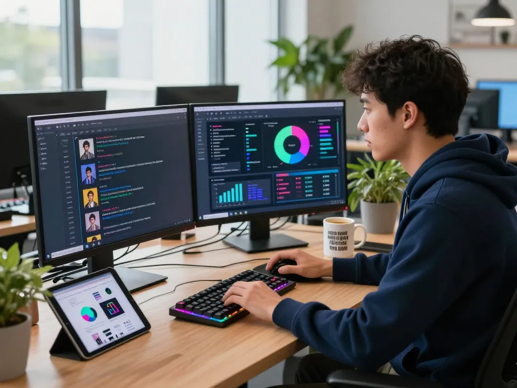 Developer in a modern tech office focusing on CrushOnAI chat interactions with vibrant screens and creative workspace elements.