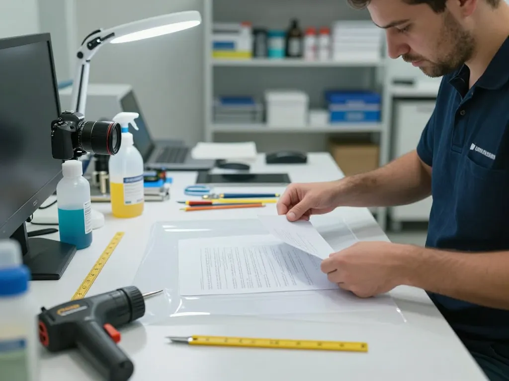 Cách bóc giấy ép không rách giấy - professional technician extracting laminated paper using advanced solutions in a clean workspace.