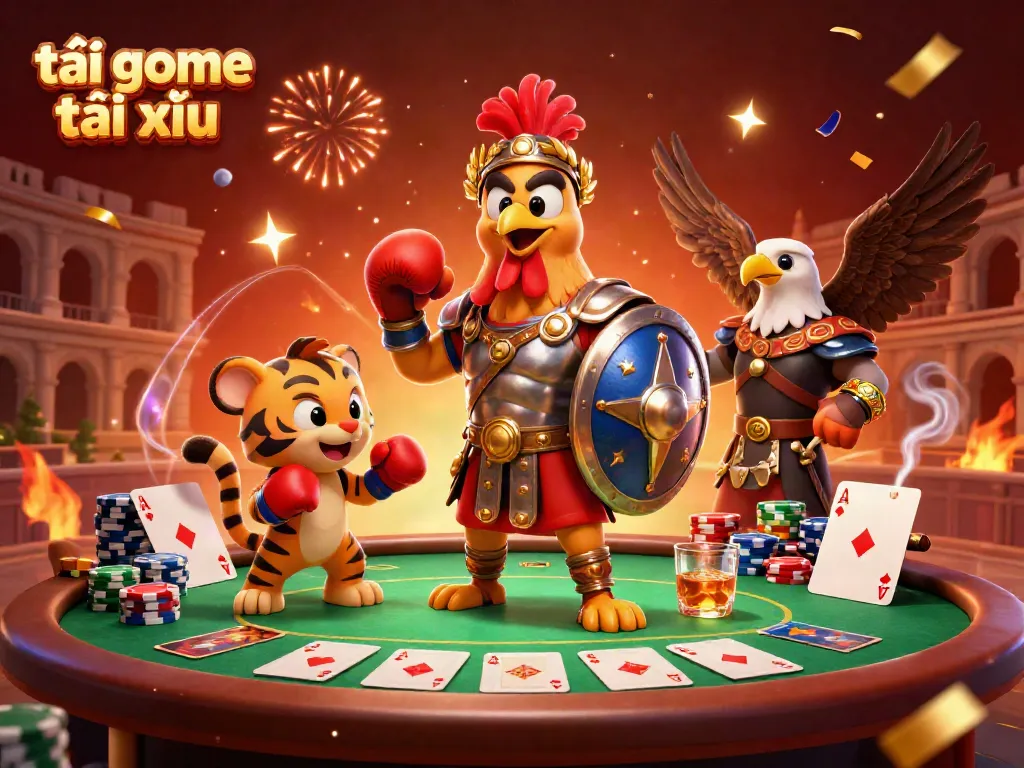 Experience the excitement of tải game tài xỉu with a dynamic 3D scene showcasing thrilling casino action and colorful characters.