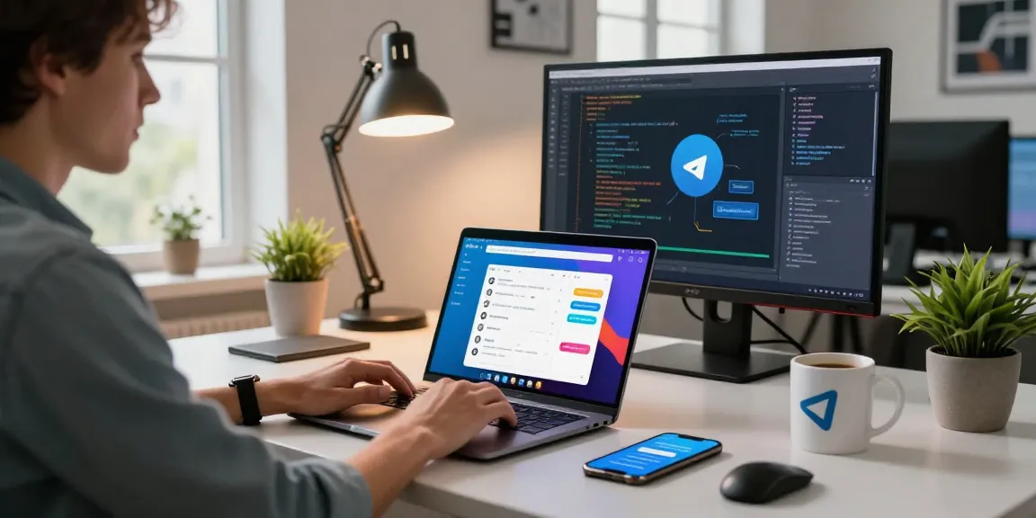 Professional workspace showcasing the Telegram web version on a laptop with tech elements, vibrant interface, and modern decor.