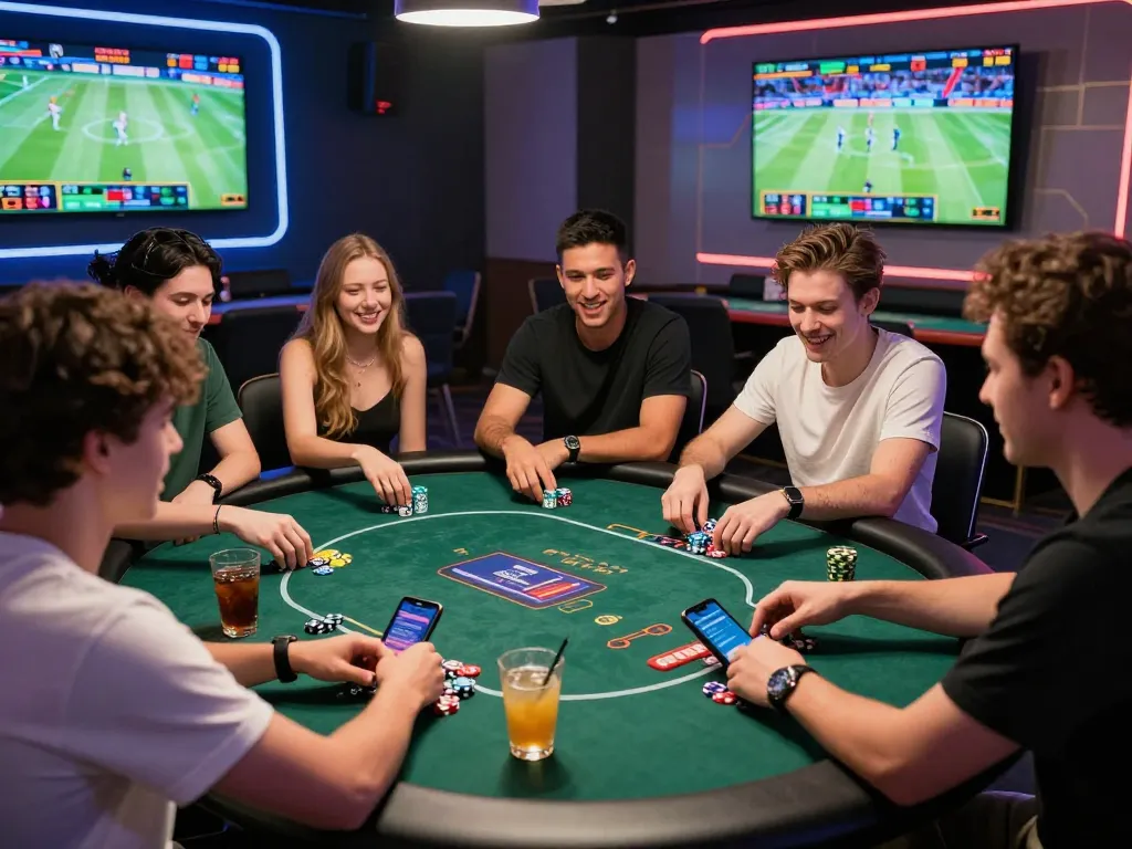 Exciting online gaming environment at https://789p1.de.com featuring friends engaging in poker with vibrant screens and modern decor.