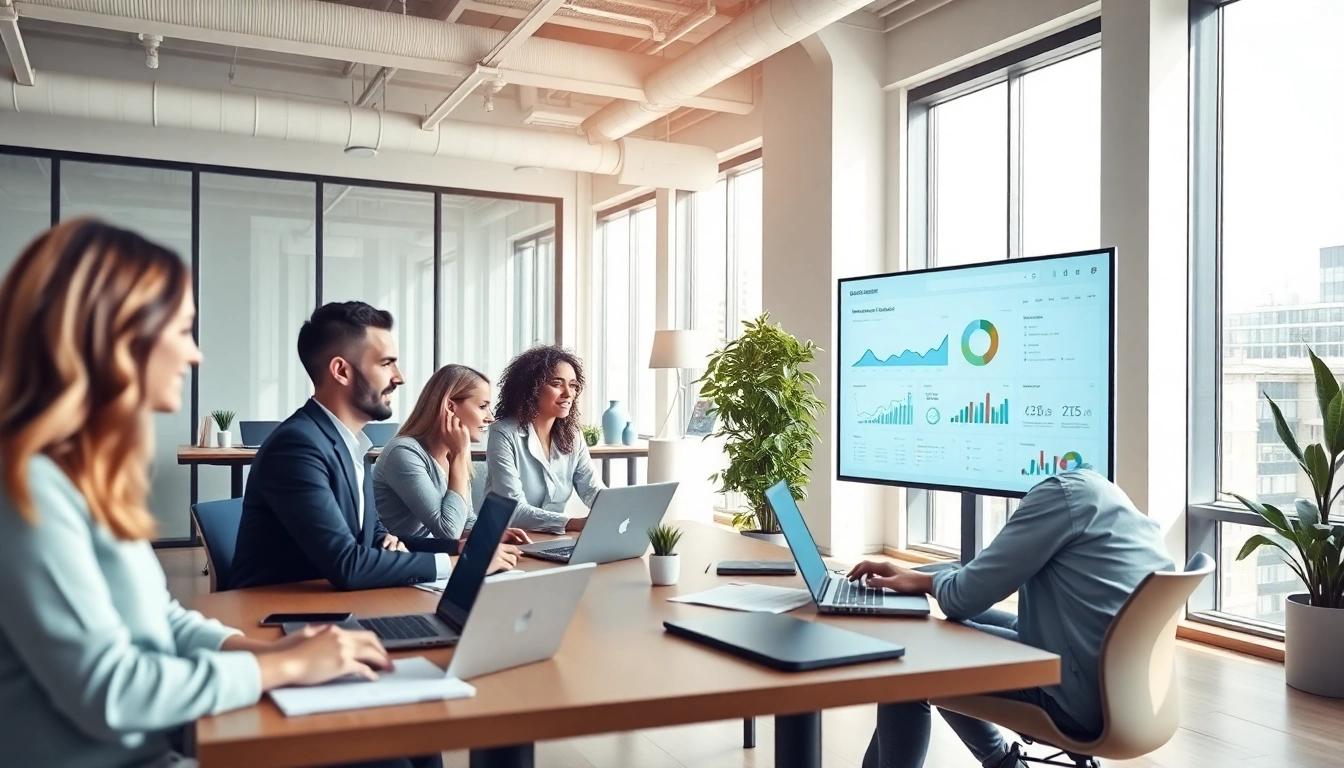 SaaS application dashboard display showcasing business teamwork in a modern office
