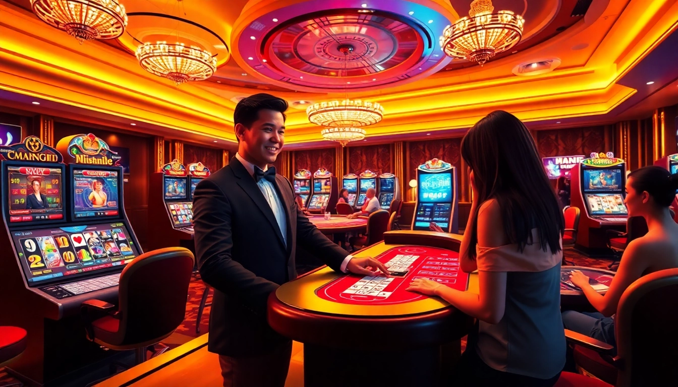 Luxury casino environment representing nhà cái mmoo with engaging dealers and vibrant game graphics.