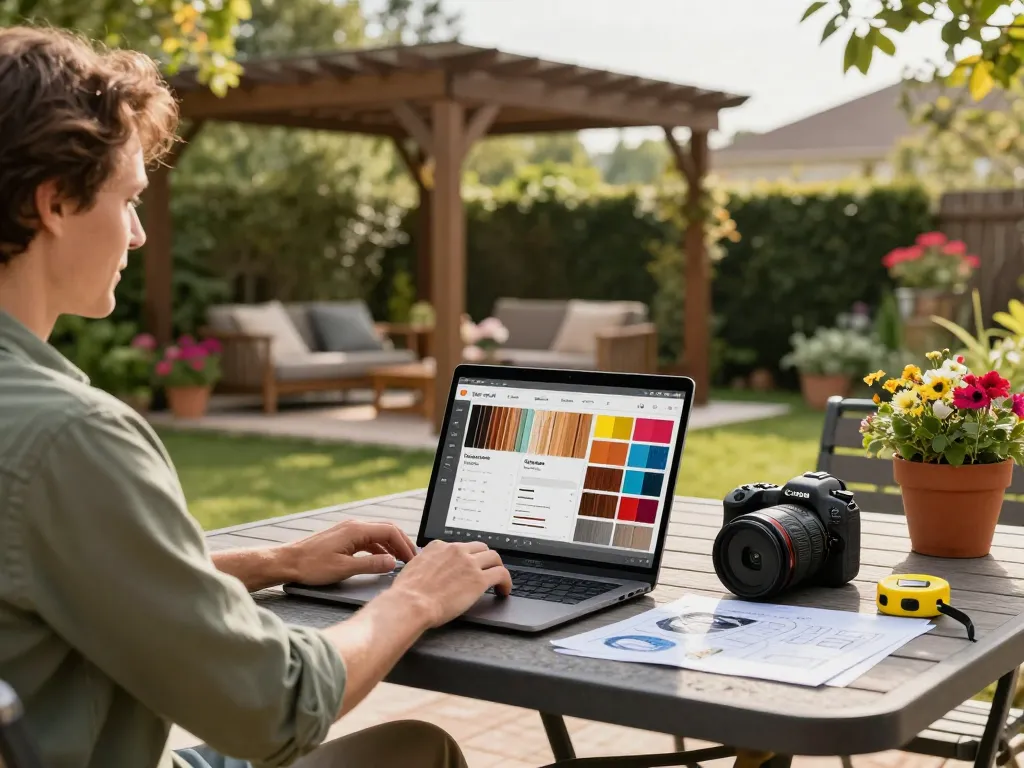Configurator pergola online use by homeowner in a vibrant garden setting, showcasing design options on a laptop.