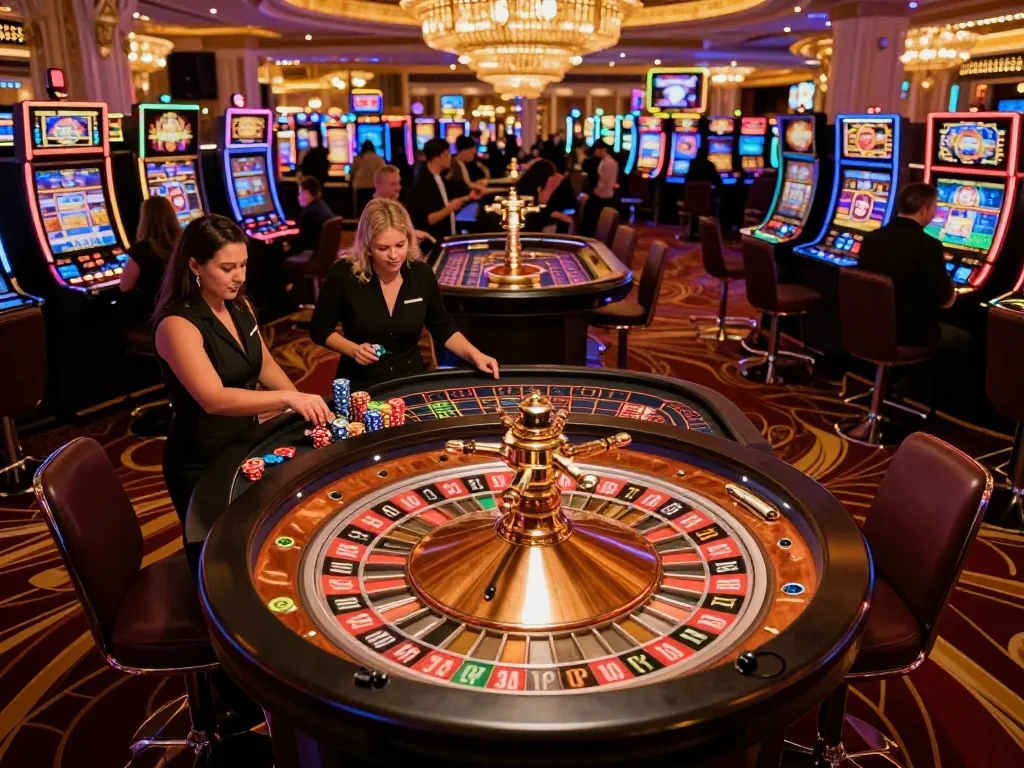 cm88z players reacting to a spinning roulette wheel in vibrant Vegas casino atmosphere