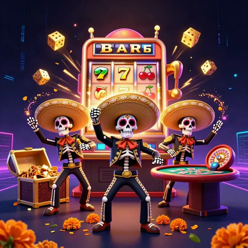Trio di scheletri mariachi con slot, roulette e tesoro in stile casino premium, luci neon.