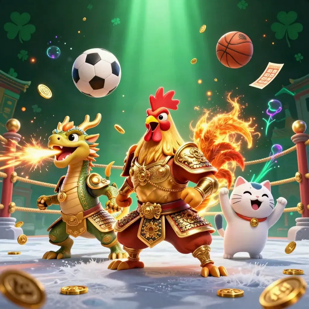 Gallo guerriero, draghetto e gatto fortunato tra pallone, basket e monete, luci verdi e oro.