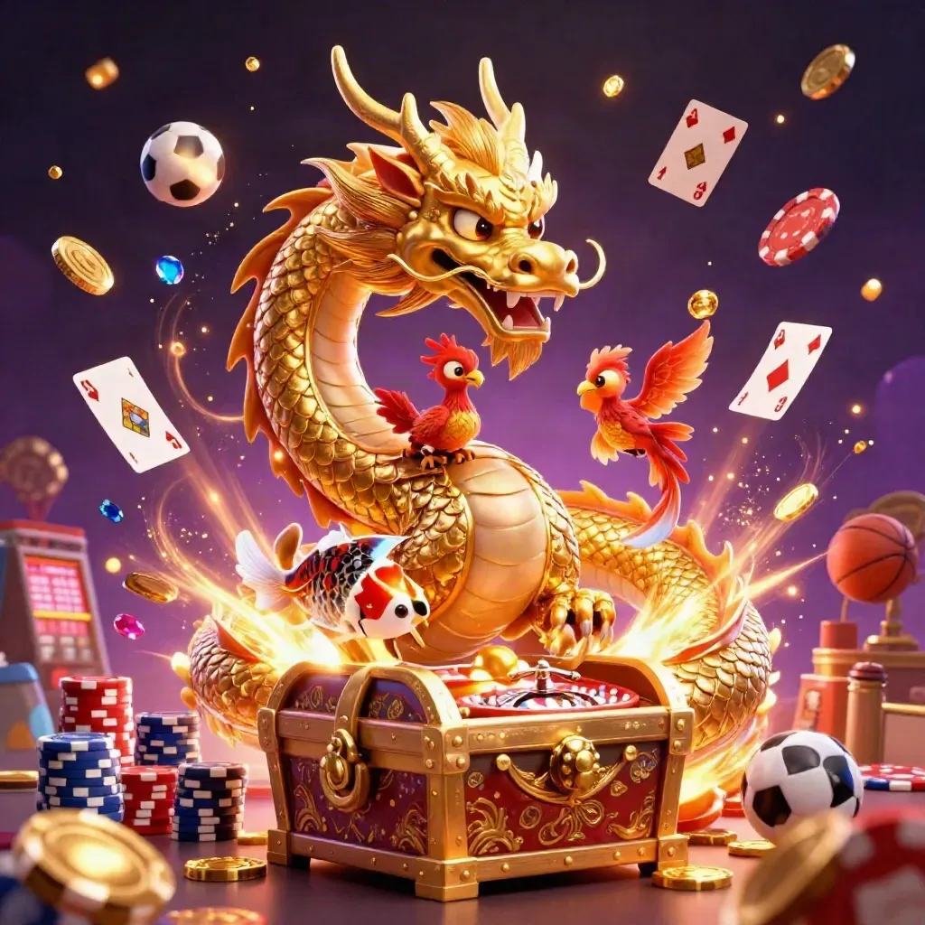 Drago cinese dorato, fenice, koi e gettoni che esplodono in una scena casino premium