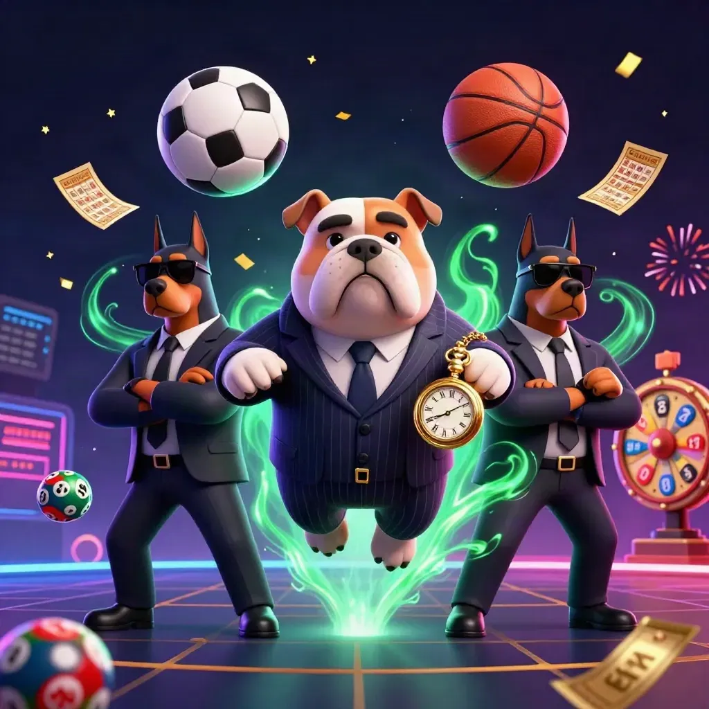 Bulldog boss e dobermann tra palloni, ruota e carte bingo in scena neon.