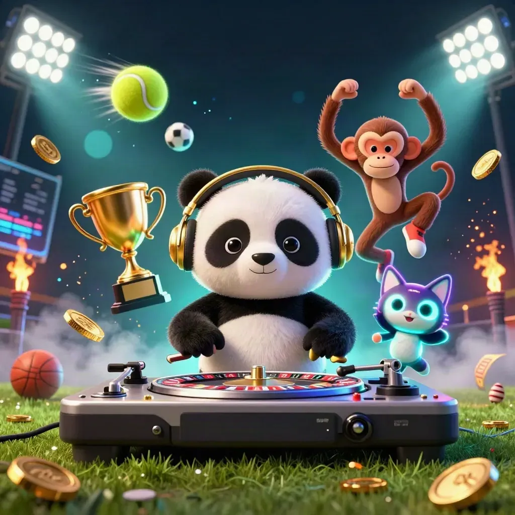 Panda DJ, scimmia e gattino rave tra palloni, trofeo e luci da stadio
