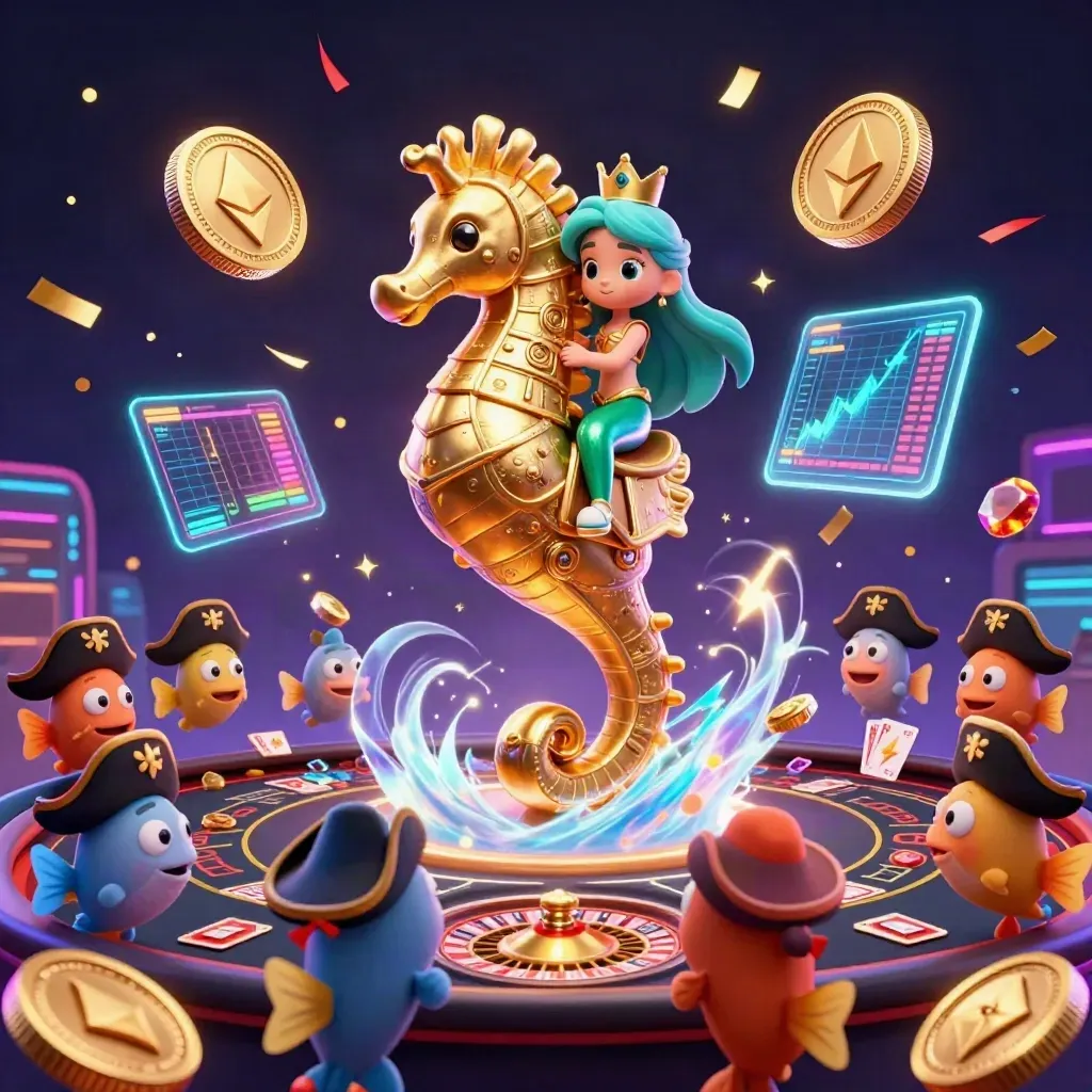 Sirena principessa su ippocampo dorato tra pesci pirata e luci neon da casinò