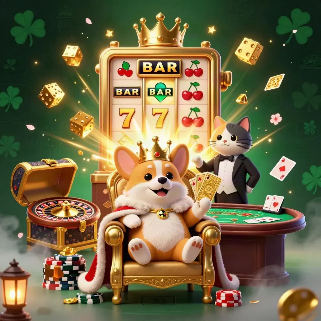 Corgi reale e gatto maggiordomo tra slot, oro, dadi e luci verdi in un casinò di lusso