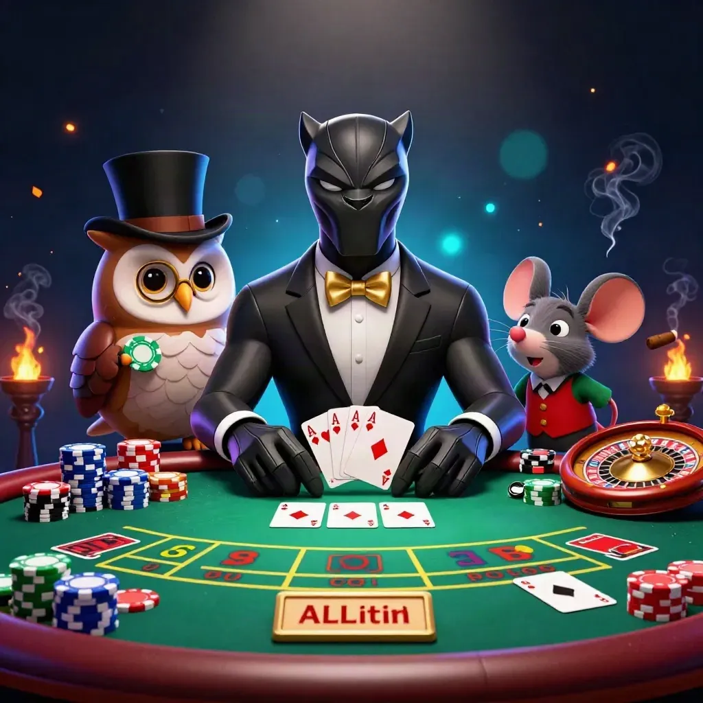 Pantera tuxedo, gufo e topo tra fiches e carte in un salone da casinò blu e oro