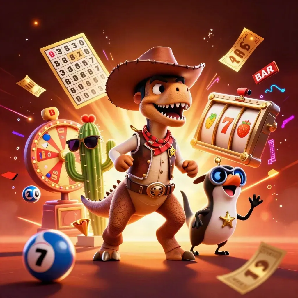 Dinosauro cowboy, cactus e uccello sceriffo tra simboli da casinò e bagliori rossi