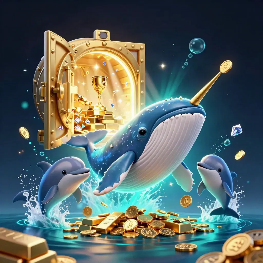 Balena capitano, narvalo e delfini tra monete, tesori e bagliori blu sommersi.