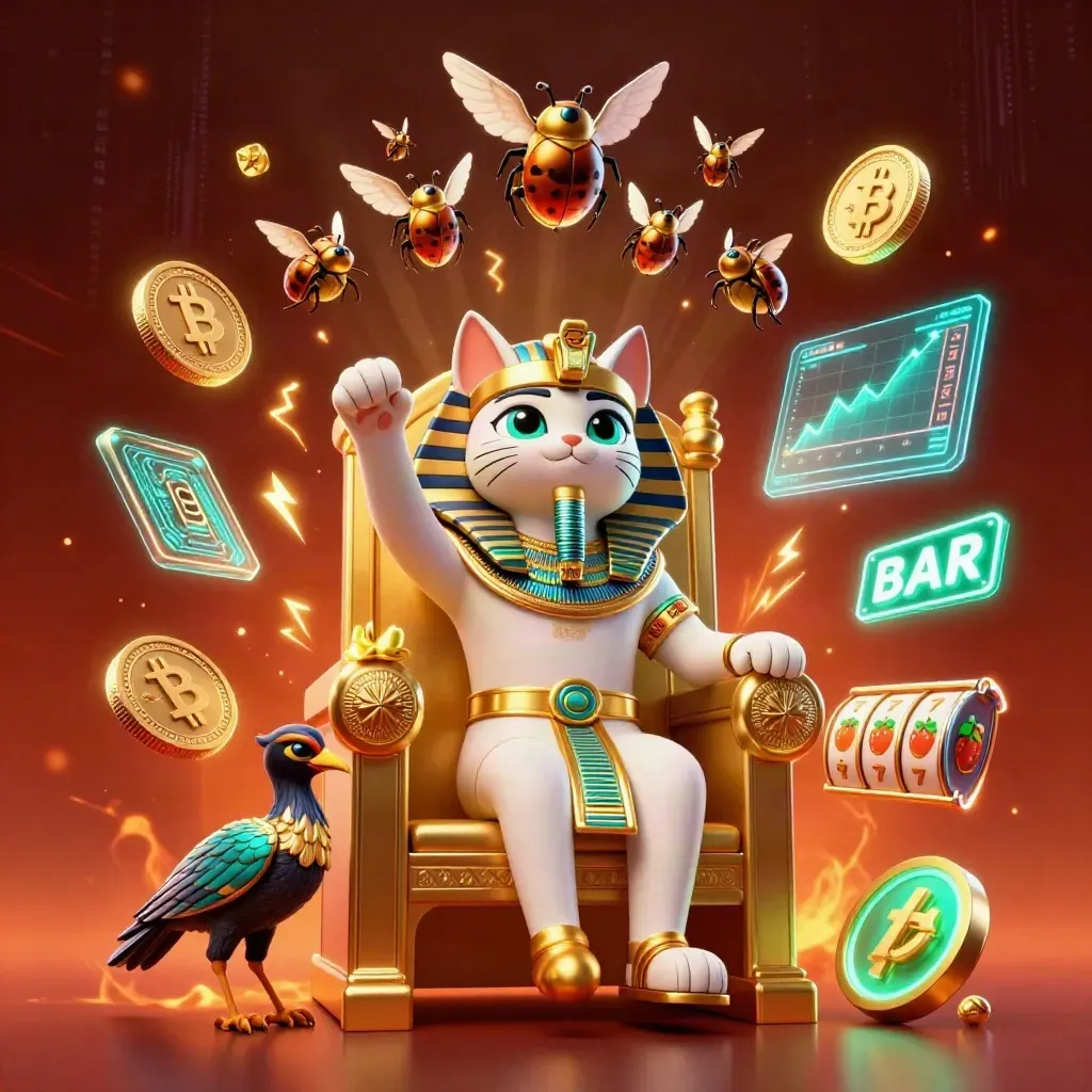 Gatto faraone 3D su trono d'oro con ibis, scarabei e monete crypto in luce neon.