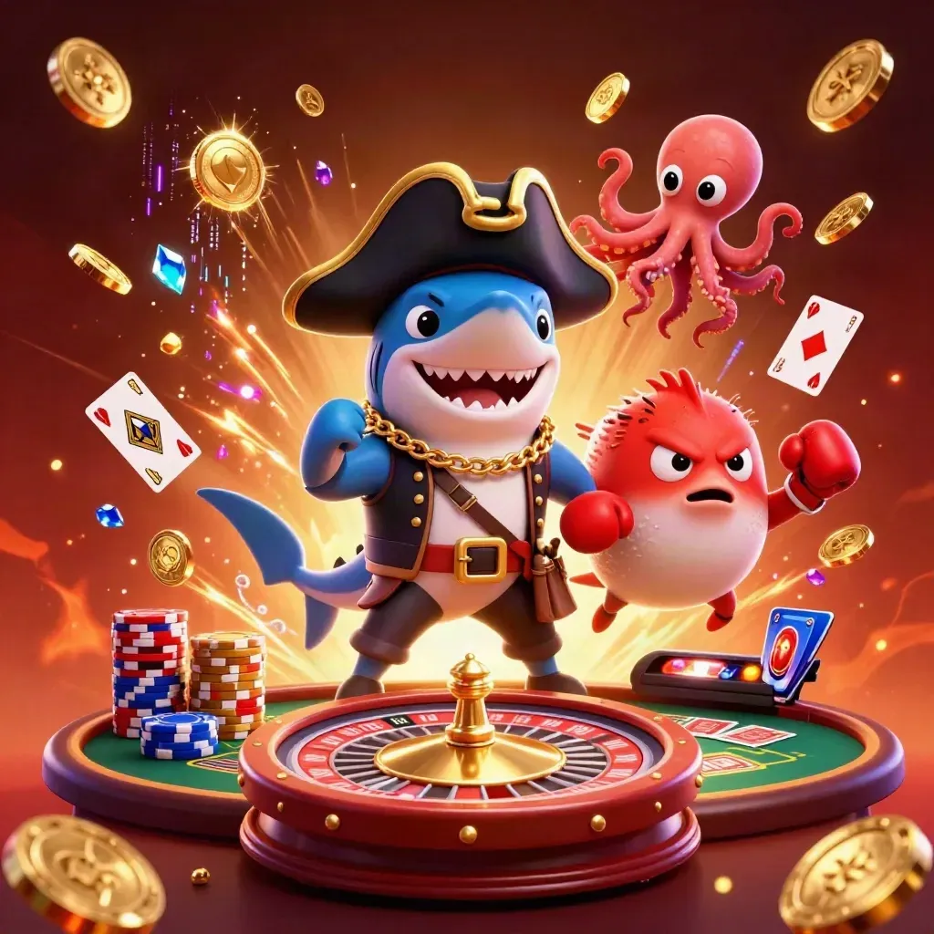 Pirata squalo, pesce palla e polipo tra monete d’oro, roulette e carte brillanti.