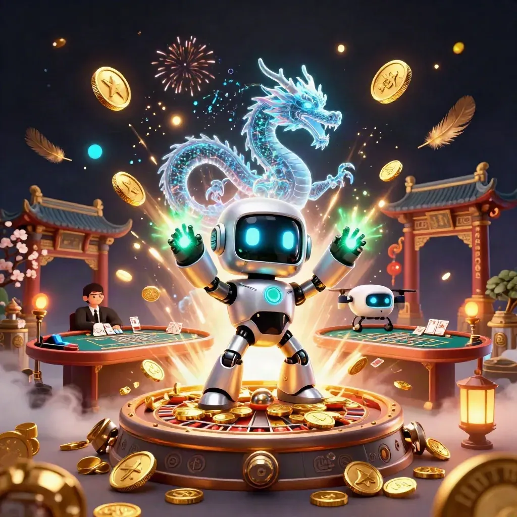 Robot, drago olografico e drone tra monete d’oro, fuochi e tavolo da casino.